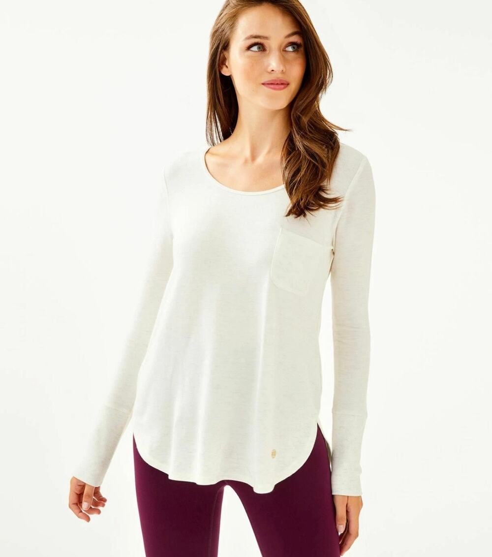 Lilly Pulitzer Luxletic Creamy Metallic Long Sleeve Pocket Tee Curved Hem Size L